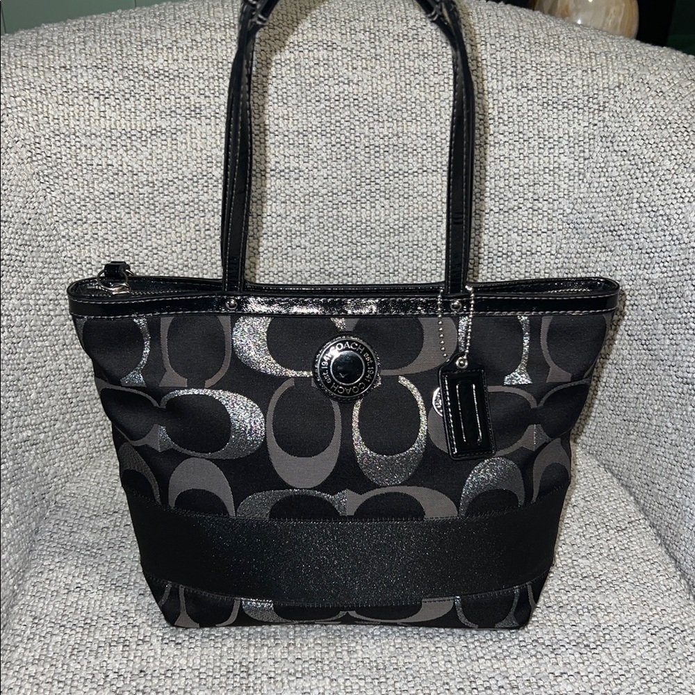 Coach Signature Metallic Stripe Tote Silver F20429 - Picture 2 of 13